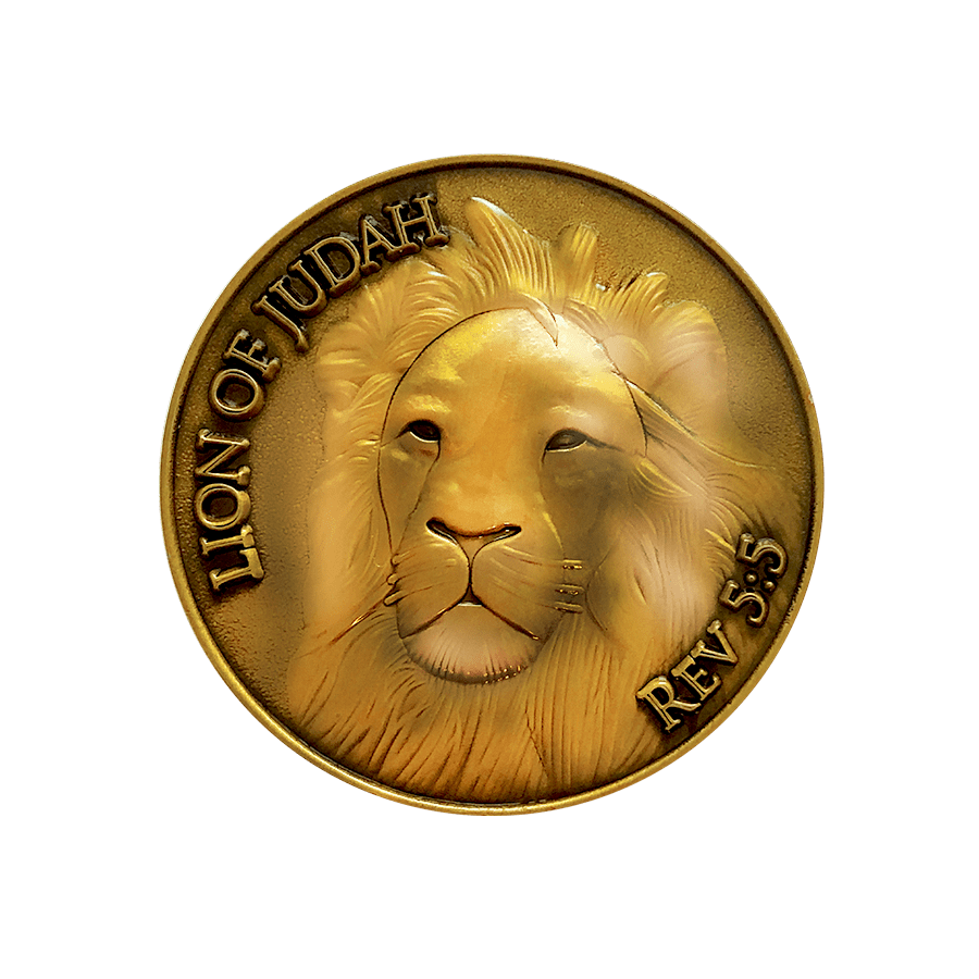 Antique Gold Plated Christian Challenge Coin, Lion of Judah Man of God, "Be Strong and Courageous" - Joshua 1:9 - Logos Trading Post, Christian Gift