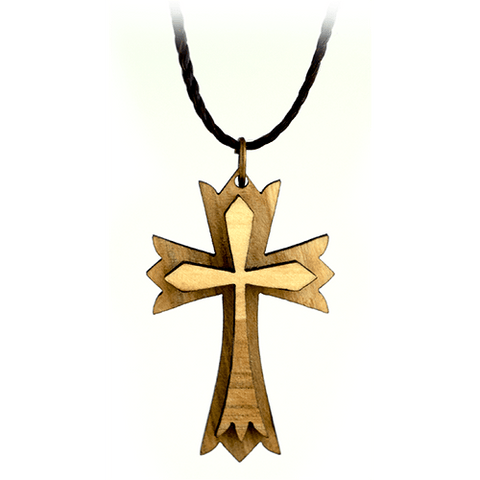 Layered Pointed Cross, Olive Wood Necklace