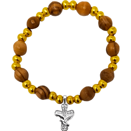 Olive Wood Stretch Bracelet, Gold Beads and Cross/Dove Dangle