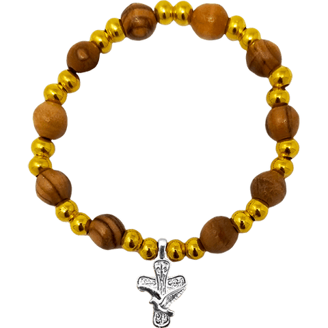 Olive Wood Stretch Bracelet, Gold Beads and Cross/Dove Dangle