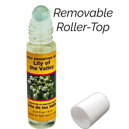lid-off picture of lily of the valley holy oil demonstrating the removable roller top