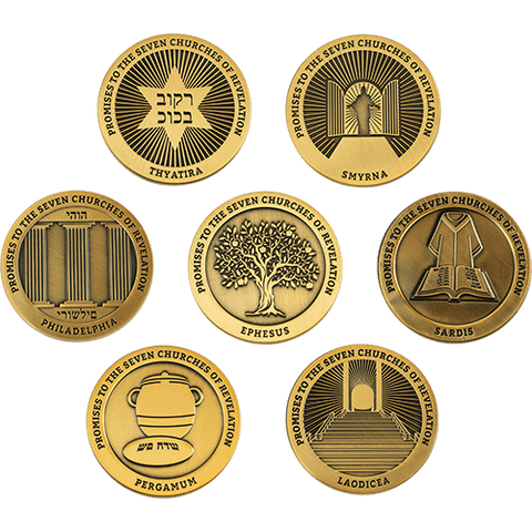 Complete Collection of all Seven Churches of Revelation Challenge Antique Gold Plated Coins 