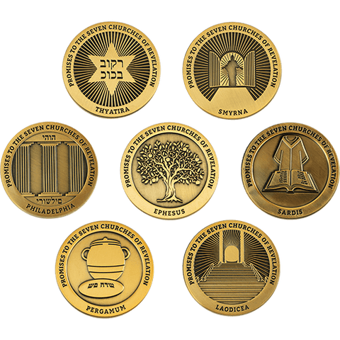 Complete Collection of all Seven Churches of Revelation Challenge Antique Gold Plated Coins