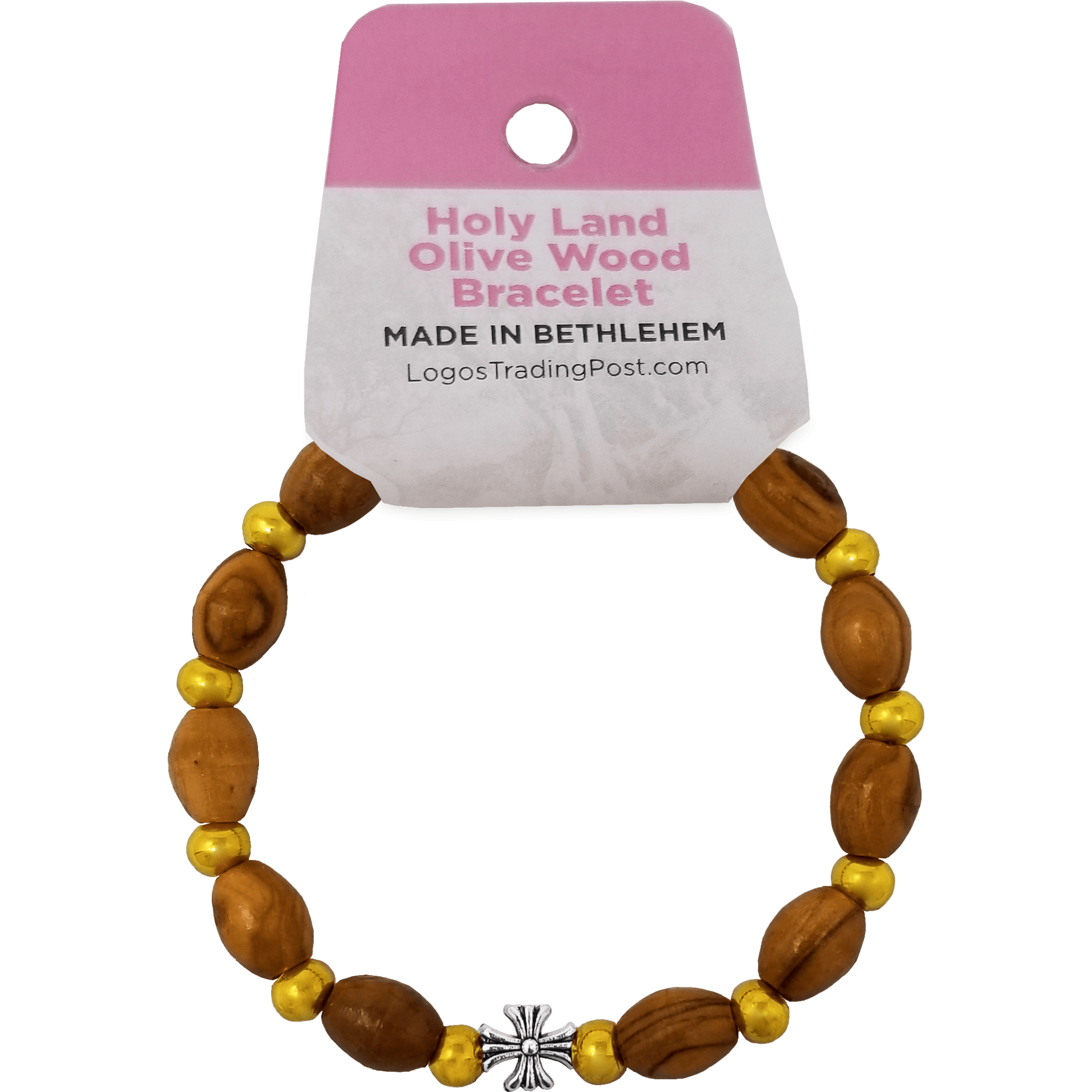 Olive Wood Stretch Bracelet, Golden Beads and Inlet Cross