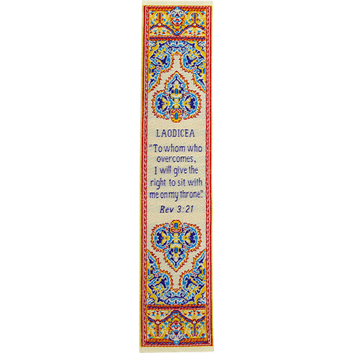 Woven Fabric Christian Bookmark: Laodicea  - Promises of the Seven Churches of Revelations, Revelations 3:21