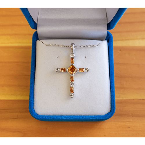 November Citrine Antique Birthstone Cross Pendant - With 18" Sterling Silver Chain