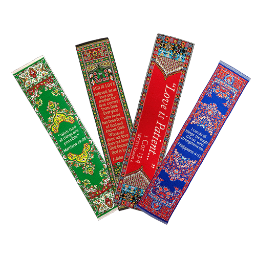 Wedding Encouragement Gift, Themed Assortment of 4 Woven Fabric Bible Verse Bookmarks, Silky Soft & Flexible Religious Bookmarkers for Novels Books & Bibles, Woven Design, Memory Verse Gift