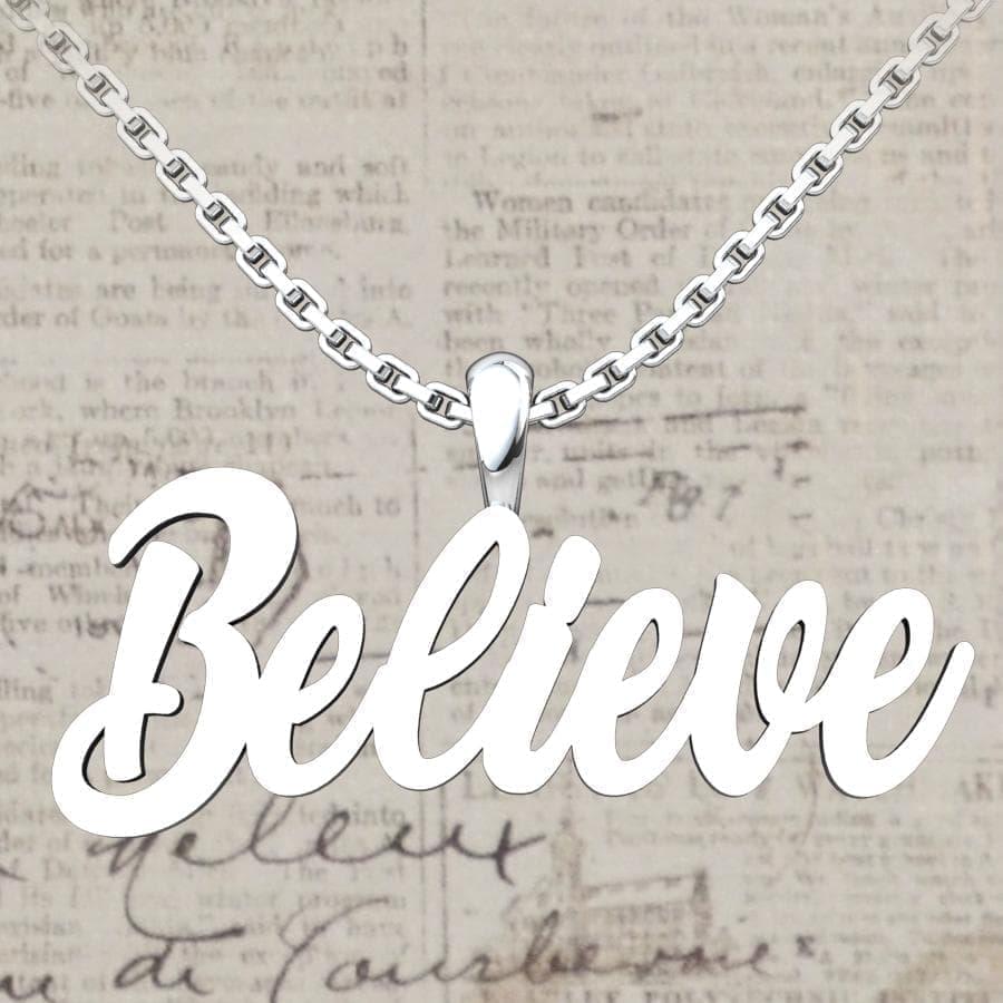 Believe Sterling Silver Pendant against a newspaper background