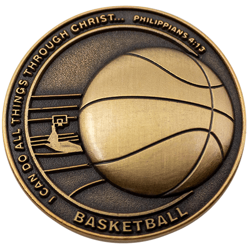 Front: Basketball in court, with text, "I can do all things through Christ... Philippians 4:13" / "Basketball"