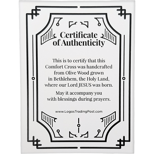 Clinging Healing Comfort Cross, Large, Certified Olive Wood from Israel certificate