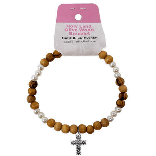 Olive Wood Stretch Bracelet, White Beads and Cross Dangle