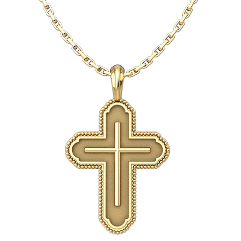 Gold Plated Cross in Cross Bead Edges Pendant with 18" Sterling Silver Chain