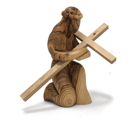 Holy Land Olive Wood Kneeling Jesus With Cross Figurine