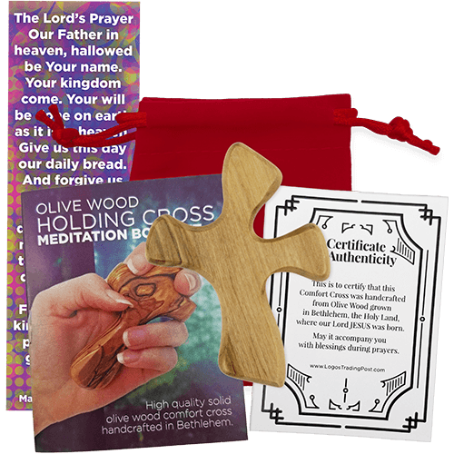 Clinging Healing Comfort Cross, Small, Certified Olive Wood from Israel package