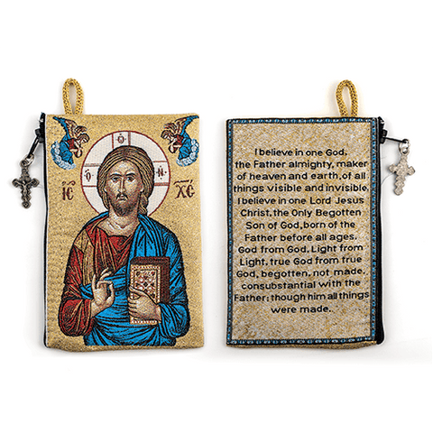 Woven Tapestry Rosary Pouch, Jewelry & Coin Purse - Jesus King of the Universe & I Believe in God Prayer