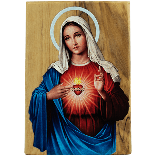 Virgin Mary Immaculate Heart, Holy Land Olive Wood Color Icon, Made in Bethlehem
