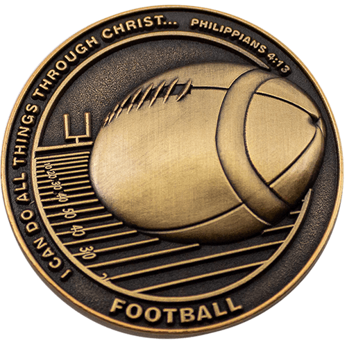 Front: Football in field, with text, "I can do all things through Christ... Philippians 4:13"