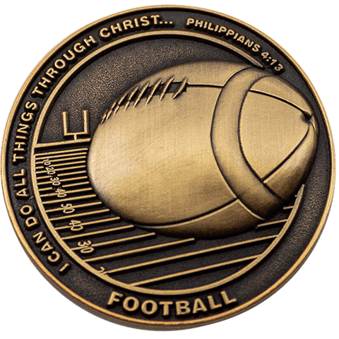 Front: Football in field, with text, "I can do all things through Christ... Philippians 4:13"