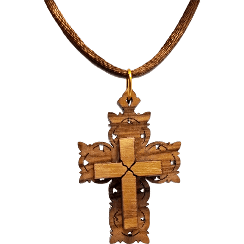 Olive Wood Raised Filigree Cross Necklace