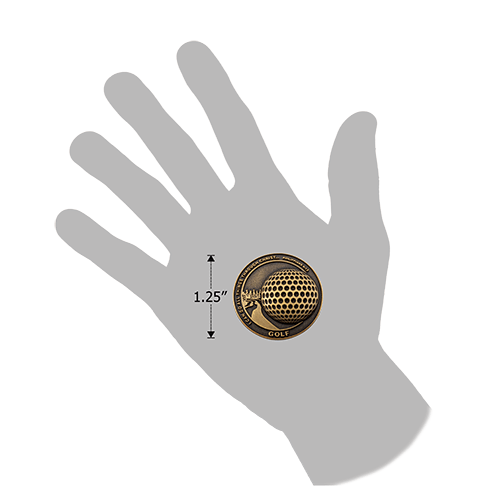 Golf Team Antique Gold Plated Sports Coin in hand for size reference