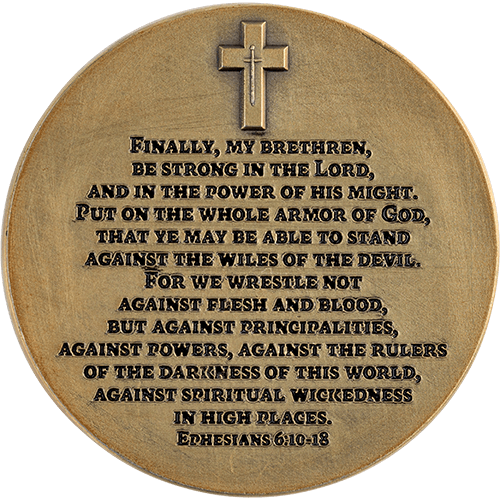 back of Armor of God Antique Gold-Plated Religious Challenge Coin with ephesians 6:10 - 18 scripture