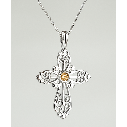 Sterling Silver Filigree Birthstone Cross Necklace - November