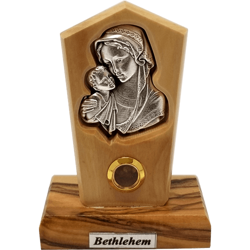 Virgin Mother Mary and Child Silver Plated Icon Olive Wood Stand - Small