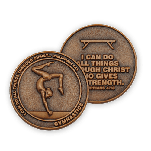 front and back of Christian gymnastics challenge coin
