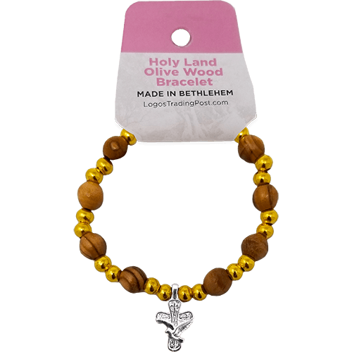 Olive Wood Stretch Bracelet, Gold Beads and Cross/Dove Dangle