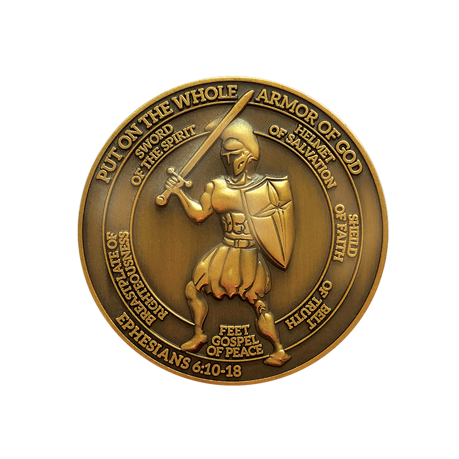 front of Armor of God Antique Gold Plated Christian Challenge Coin