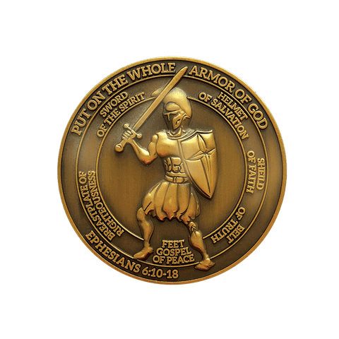 front of Armor of God Antique Gold Plated Christian Challenge Coin