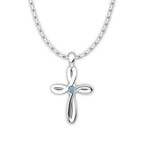 March, Aquamarine - Birthstone Swirl Cross Sterling Silver Pendant Necklace - With18" Sterling Silver Chain