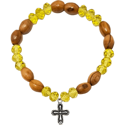 Olive Wood Stretch Bracelet, Yellow Beads and Cross Dangle