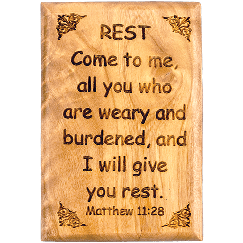 Bible Verse Fridge Magnets, Rest - Matthew 11:28, 1.6" x 2.5" Olive Wood Religious Motivational Faith Magnets from Bethlehem, Home, Kitchen, & Office, Inspirational Scripture Décor front