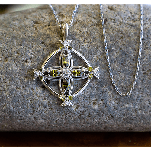 August Peridot Antique Birthstone Cross Pendant - With 18" Sterling Silver Chain of stone
