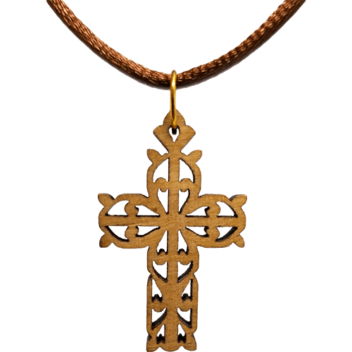 Olive Wood Flat Filigree Cross Necklace
