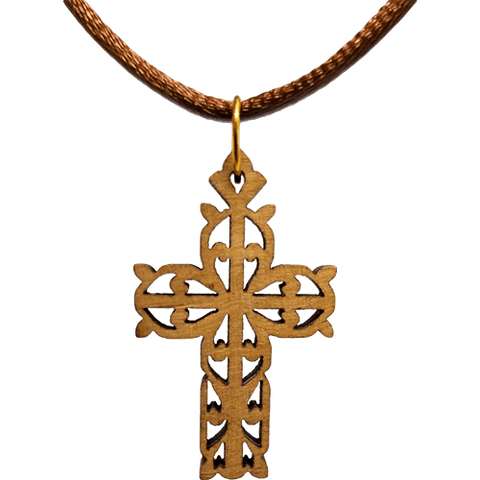 Olive Wood Flat Filigree Cross Necklace