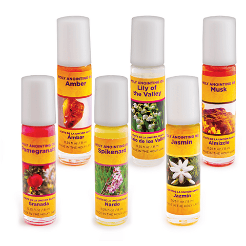 Holy Land Anointing Oils from Israel, Assorted Sample Kit 5, Bulk Set of 6 Bottles, 1/4oz Each, Made in Jerusalem from Local Herbs and Essences, Gift for Pastors & Priests, Surtido de Aceite de Unción