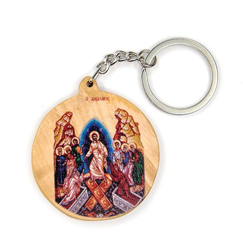 Resurrection of Jesus (Byzantine), Olive Wood Catholic Keychain
