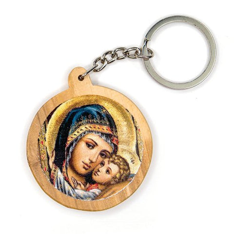 Madonna & Child, Olive Wood Catholic Keychain