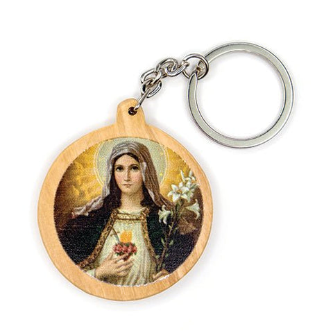 Sacred Heart of Mary (White), Olive Wood Catholic Keychain
