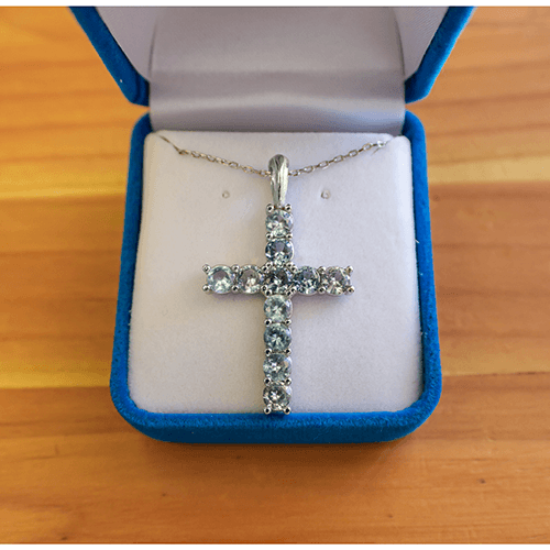 March Aquamarine Antique Birthstone Cross Pendant - With 18" Sterling Silver Chain