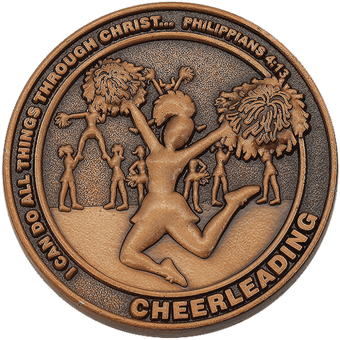 front of Christian cheerleading challenge coin