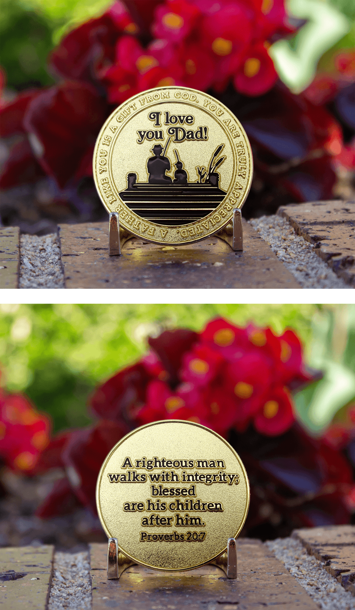 Front and back of Father's Appreciation Gold Plated Challenge Coin with flower background on brick