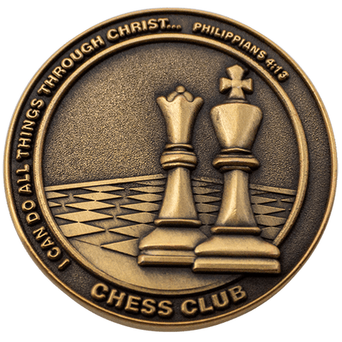 Front: Chess pieces on board, with text, "I can do all things through Christ... Philippians 4:13" / "Chess club"