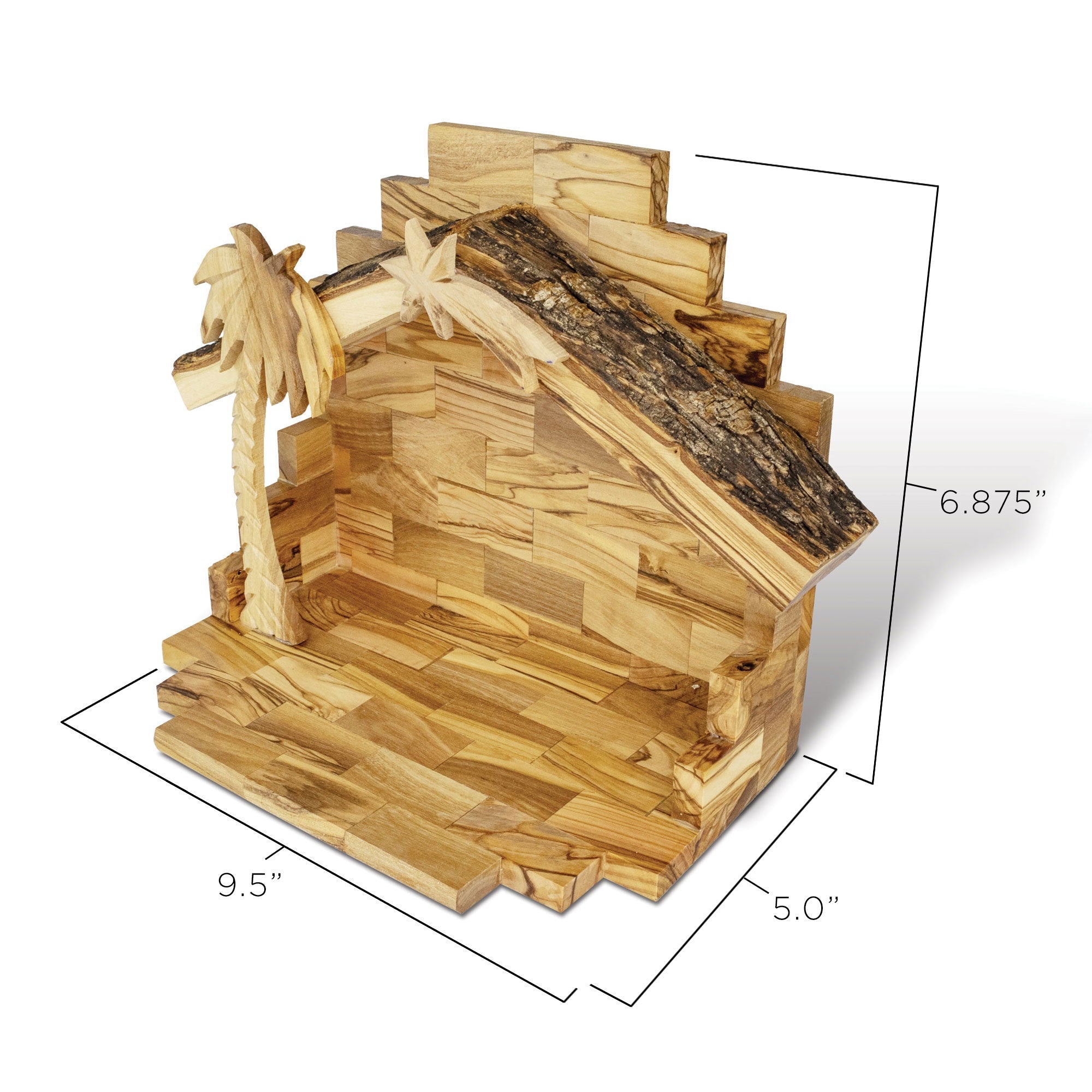 Holy Land Olive Wood Nativity with Small Bark Roof Stable and Small Faceless Figurines