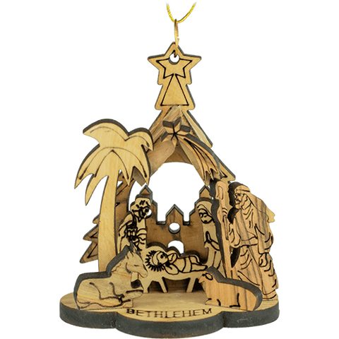 Manger Nativity Scene, Open Grotto 3D Olive Wood Christmas Ornament from Israel, Wooden Hanging Seasonal Décor, Religious Holiday Christmas Tree Decorations, Made in the Holy Land of Bethlehem