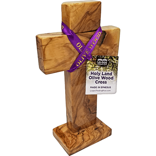 Holy Land 7" Genuine Olive Wood Standing Cross pivoted right with purple ribbon