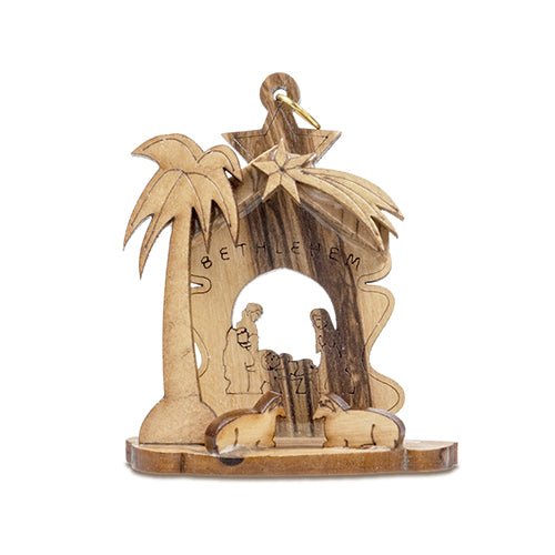 Christmas Tree Nativity Scene, Olive Wood Manger Grotto