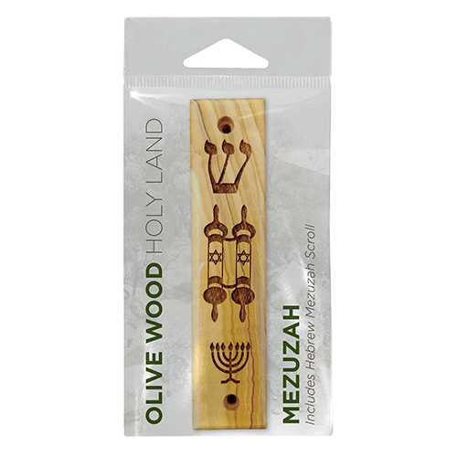 Shema, Torah Scroll, Menorah Olive Wood Mezuzah